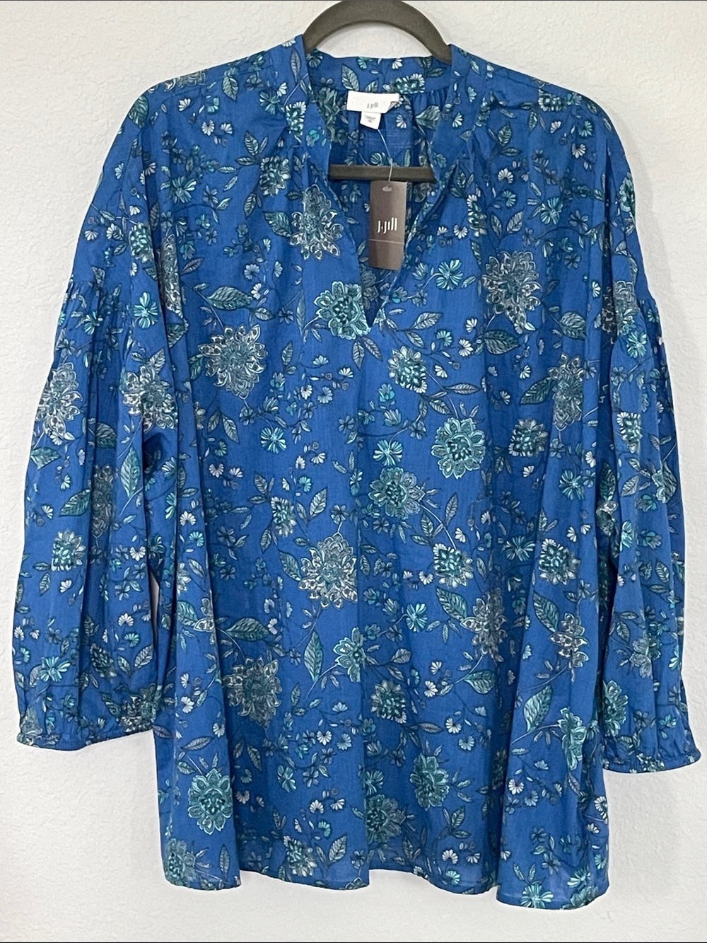 J.Jill Women’s XL Blue Floral 100% Cotton Tunic Blouse Boho NWT